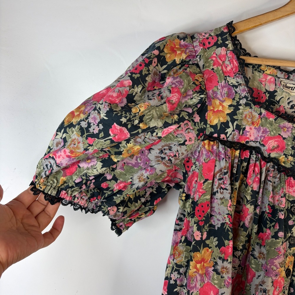 Starina Vintage Floral Midi Dress Womens Medium Cotton Lace Trim Pockets Boho - Picture 4 of 9